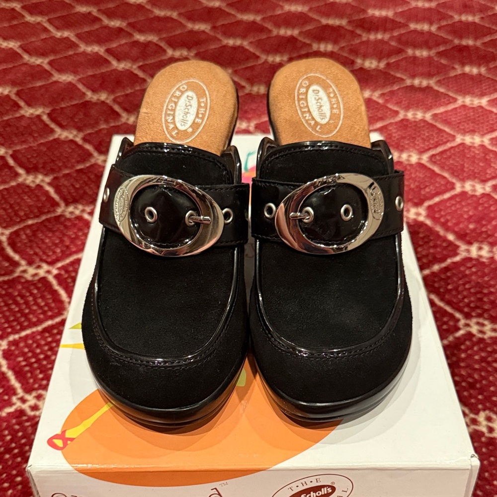 Dr. Scholl's Black Suede Mules with Silver Accent